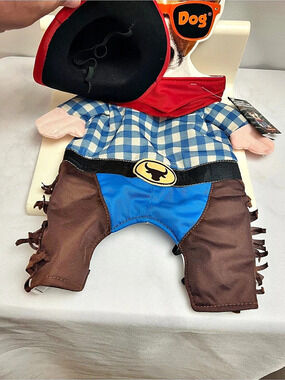 Party Dog Cowboy Western Rodeo Dog Costume Blue Plaid With Hat Size M/L